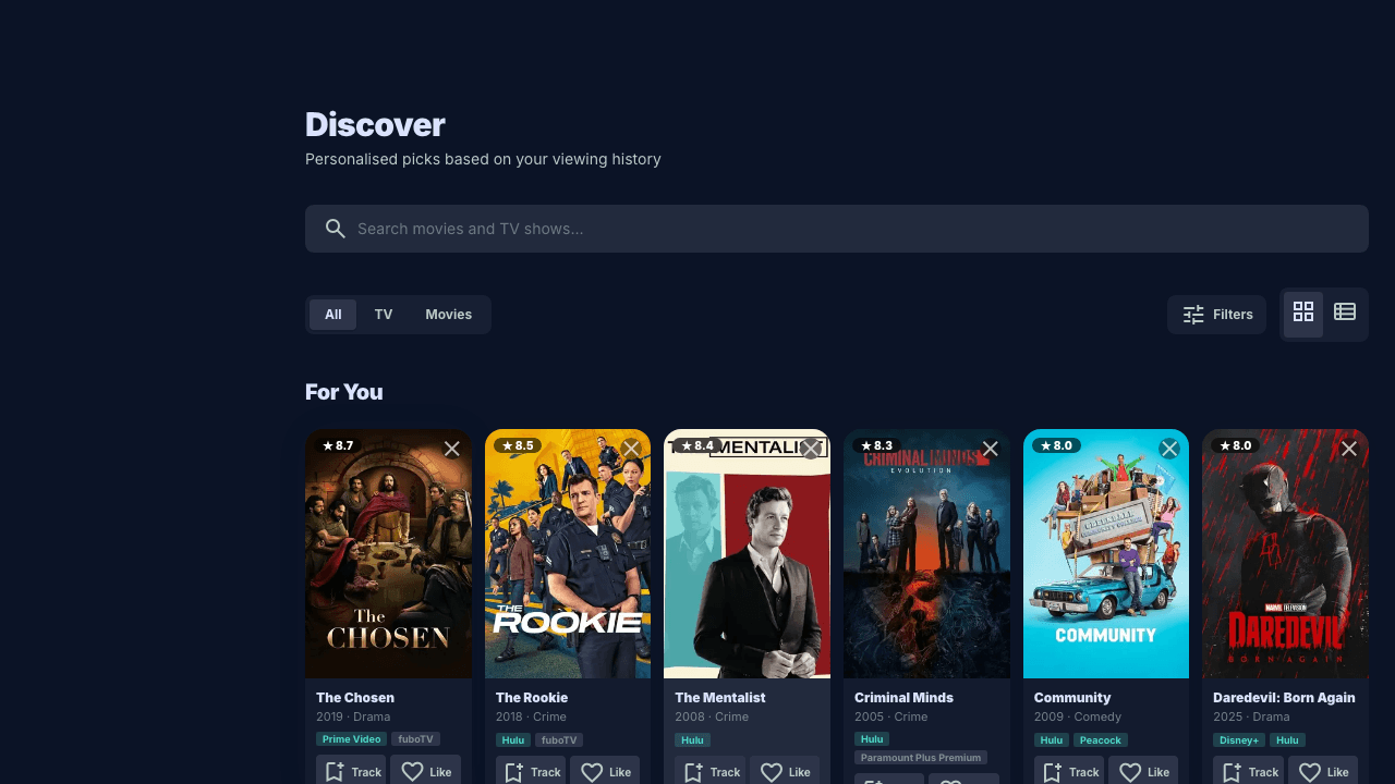 WatchDeck Discover page showing TV/Movie toggle, genre filters, and personalised recommendations