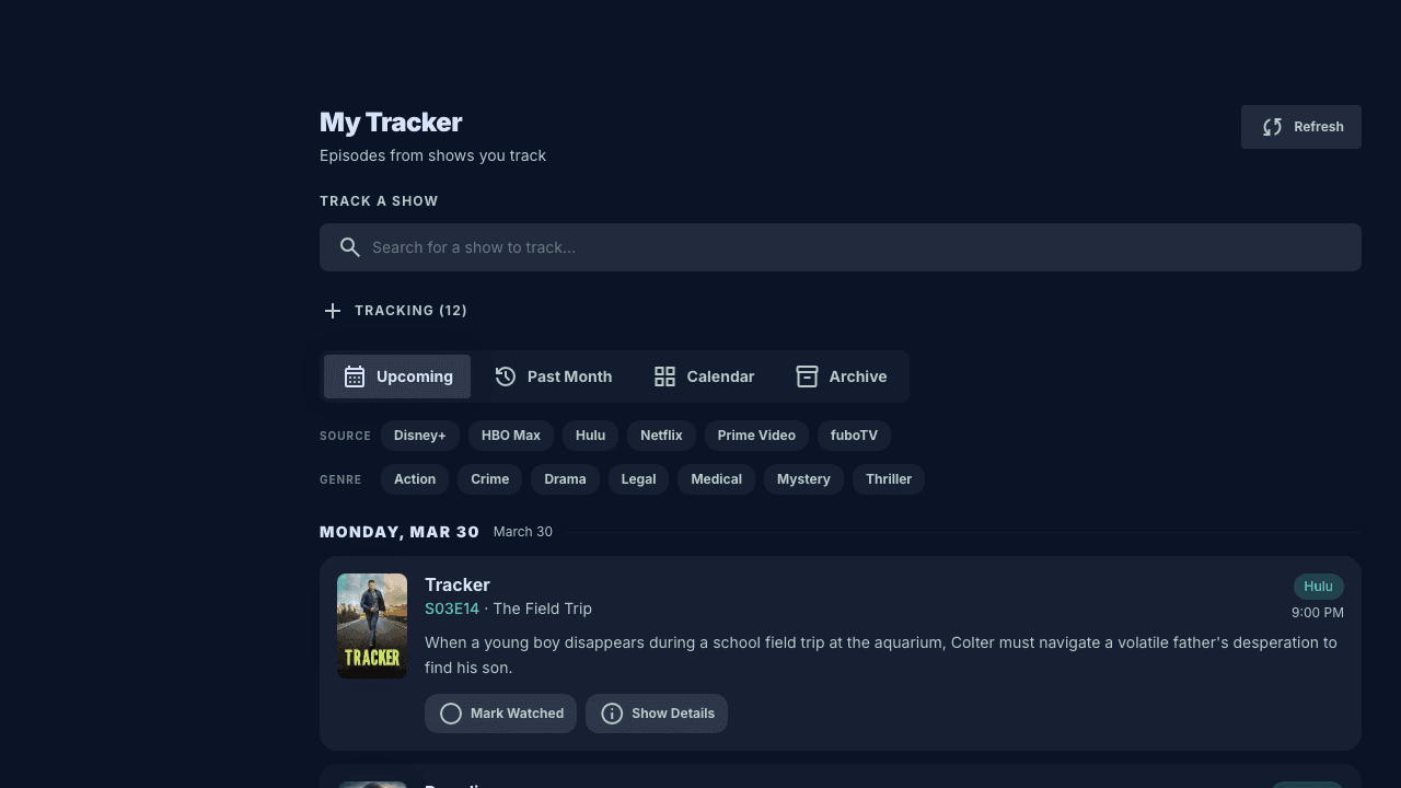 WatchDeck Show Tracker showing episodes grouped by air date