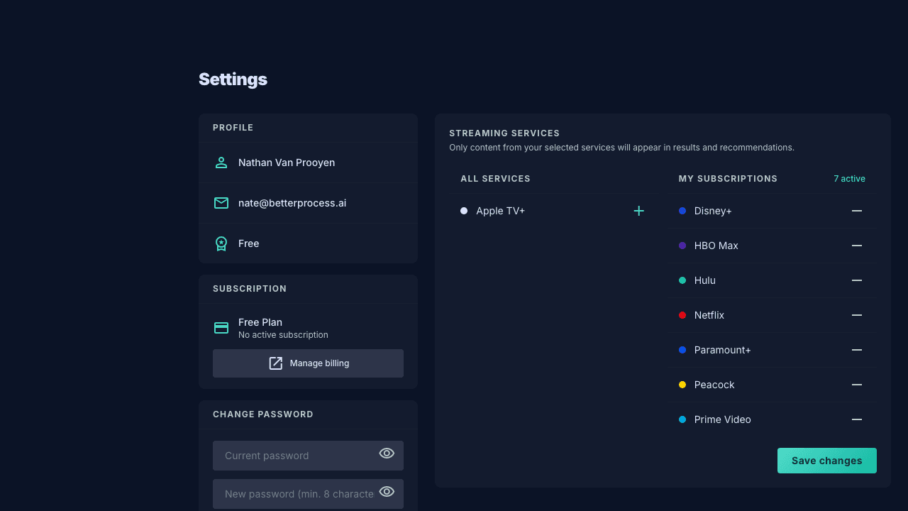WatchDeck Settings page showing profile, streaming services, and genre preferences
