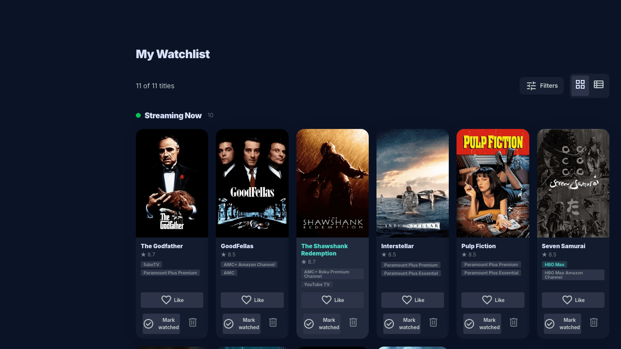 WatchDeck Movie Watchlist showing Streaming Now, Coming Soon, and Archived tabs with Leaving Soon alerts
