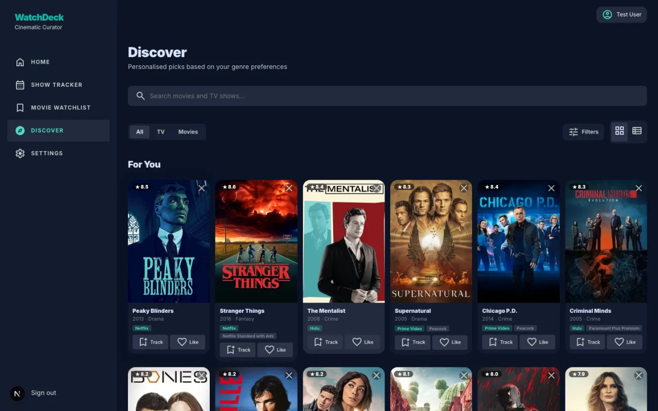 WatchDeck Discover — personalised TV and movie picks