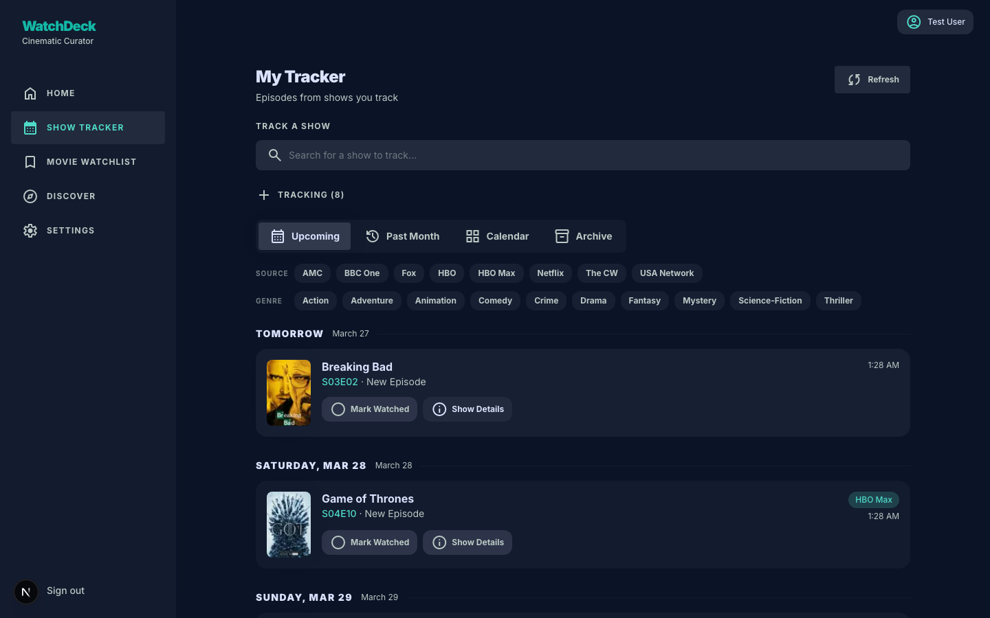 WatchDeck Show Tracker — upcoming episodes calendar