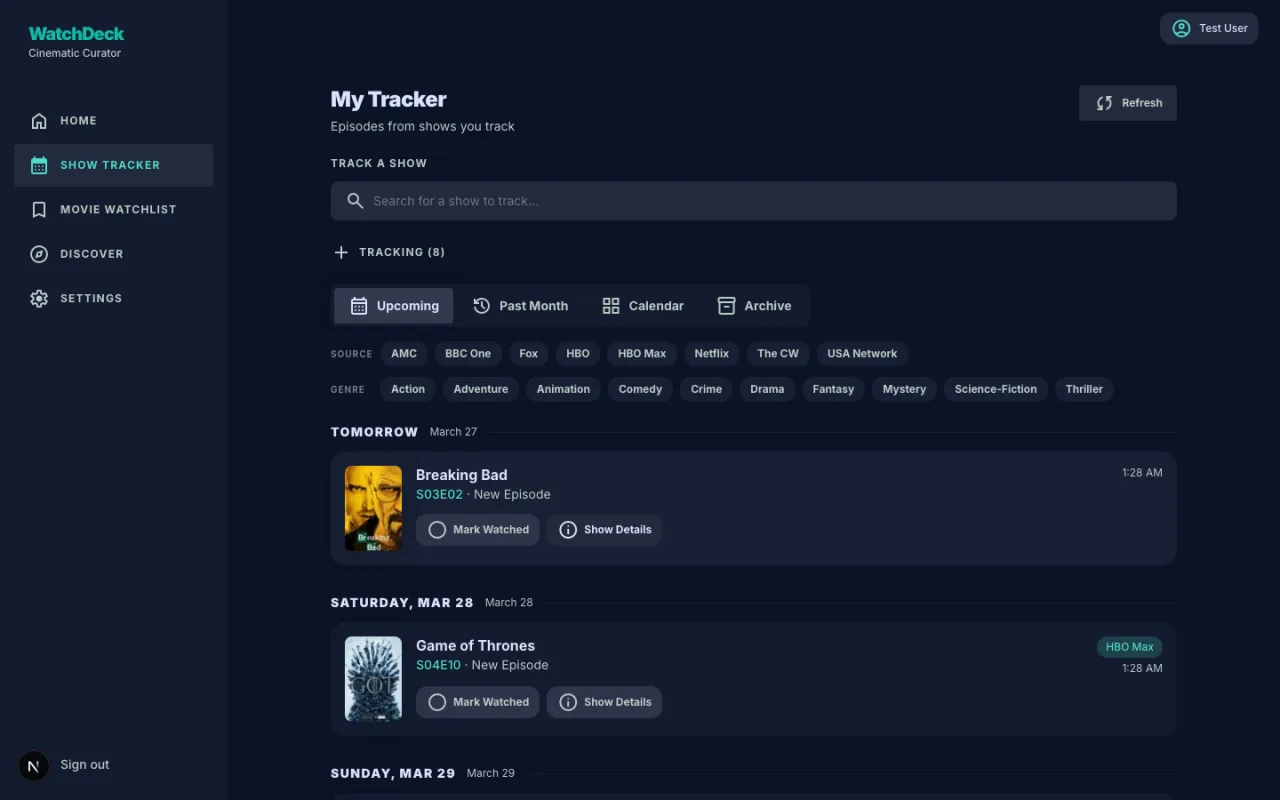 WatchDeck Show Tracker — upcoming episodes calendar